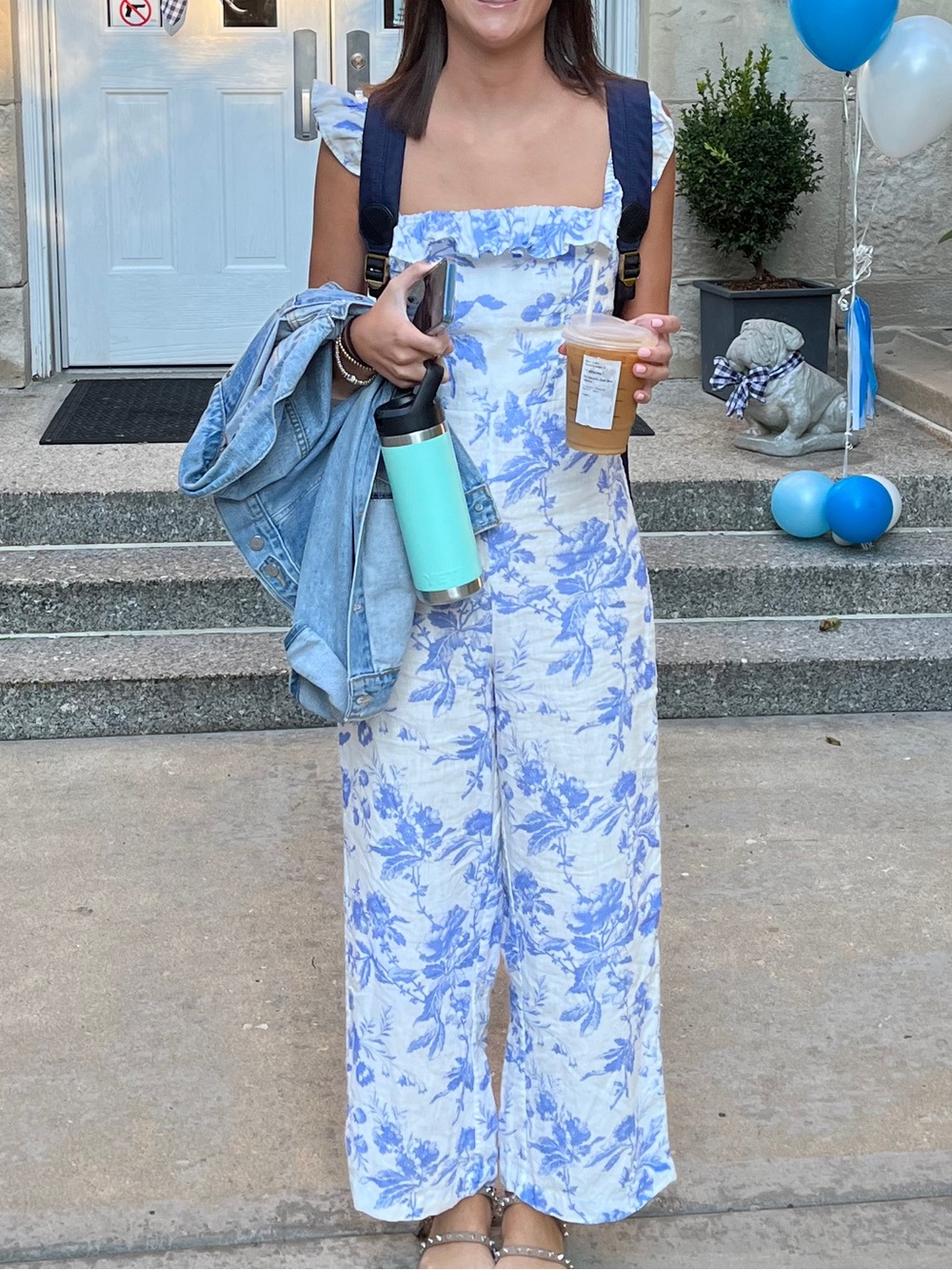 & Other Stories Blue and White Floral Linen Jumpsuit